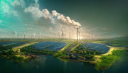 Field with solar batteries and wind farms. Renewable sources of electrictrity, green energy, sea shore, cloudy sky, ecology, sustainable, clean environment. Technology concept. 3D artwork background