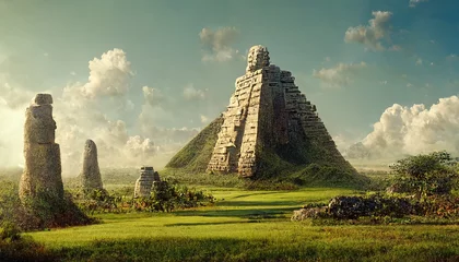 Poster Mayan pyramid with stone statues near it. Green valley, figurines, idol, idolatry, paganism, the ancient world, cult, ancient gods, altar. Cultural monuments concept. 3D artwork raster background © Zaleman