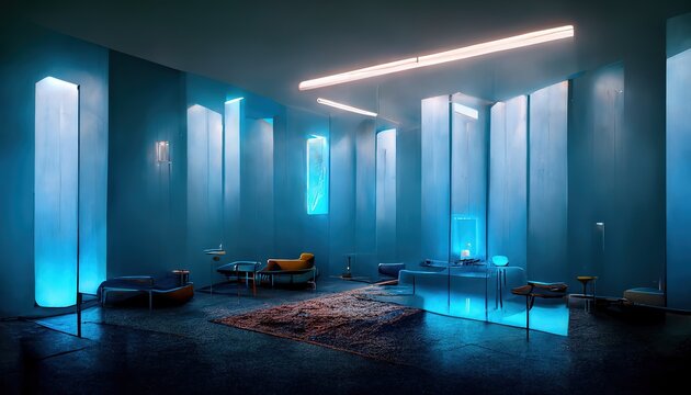 Raster illustration of a room with tables, chairs and neon blue lightning. Carpet with red lights on the floor, muffled light, dark color walls, futuristic design. Futurism concept. 3d artwork