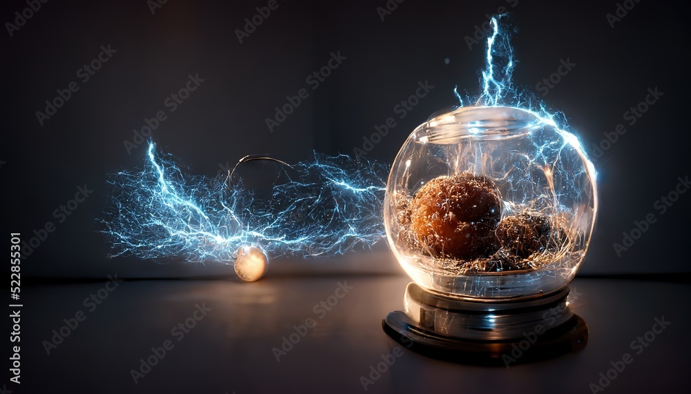 Aufkleber raster illustration of electric sphere with minerals inside and neon blue electricity flows around i