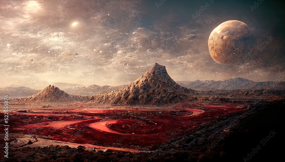 Poster Raster illustration of uninhabited planet with flowing lava. Mountain peaks, falling meteorite, desert, science fiction, astronomy rock formations of stones. Science fiction concept. 3D artwork