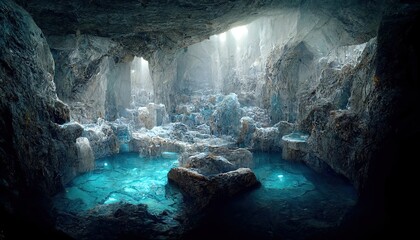 Raster illustration of underground lakes in a marble cave. Crystal clear water, spring, rocks, mountains, underground, water source, dungeon, subterranean, natural beauty. 3D rendering background - obrazy, fototapety, plakaty
