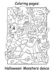 Fototapeta na wymiar Coloring Halloween monsters dancing in the forest vector illustration