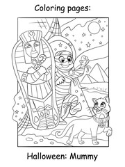 Coloring Halloween mummy and Egyptian cat vector illustration