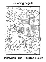 Coloring Halloween children walk past a haunted house vector illustration