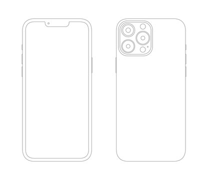 Outline Iphone 13 Pro Max. Wireframe Front And Back White Screen Iphone. Apple IPhone Outline, Smart Phone Wireframe Iphone. Front And Back Design Outlined Smartphone. Mobile Phone Mockup.