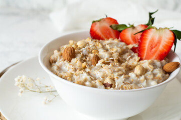 Oatmeal breakfast  mix of rolled oats, milk  and nuts