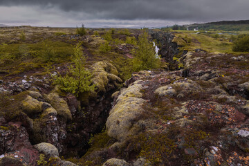 View of the seismic rift valley between the Eurasian and North American tectonic plates in the...