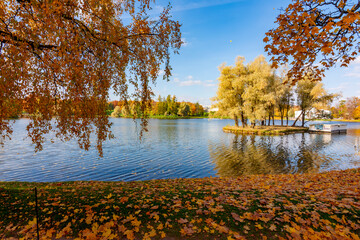Autumn foliage and Grand pond in Catherine park, Pushkin (Tsarskoe Selo), Saint Petersburg, Russia
