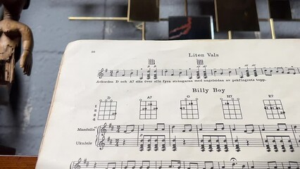 Notes and old piano filmed from top to bottom