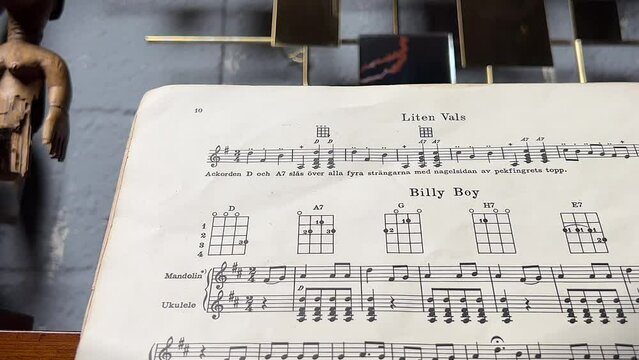 Notes and old piano filmed from top to bottom