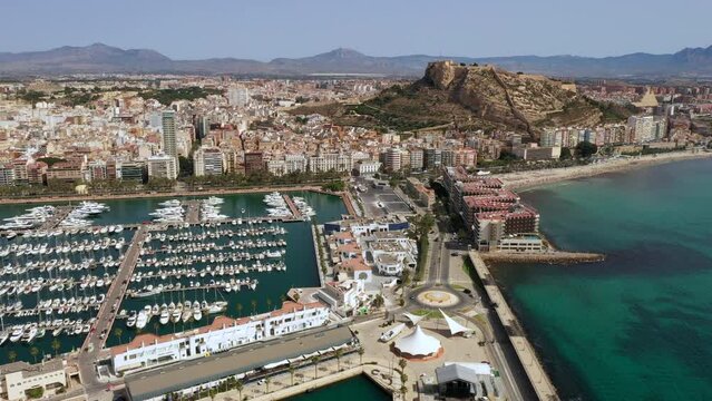 Aerial of Alicante city with harbour in Costa Blanca Spain