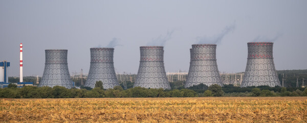 Nuclear power plant. Atomic power station cooling towers.