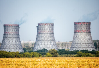 Nuclear power plant. Atomic power station cooling towers.