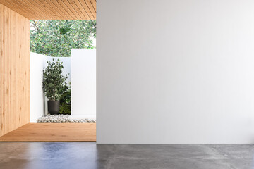 Fototapeta na wymiar Minimalist empty room with white background, wooden ceiling and wall, concrete floor, garden view, cozy home. Copy space area for office and living rooms. 3d rendering