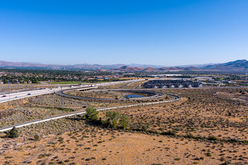 Aerial view of the Intersection of Mt. Rose Highway and I-580 in south Reno, Nevada facing south.