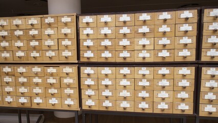 4K. Database concept. vintage cabinet. library card or file catalog.