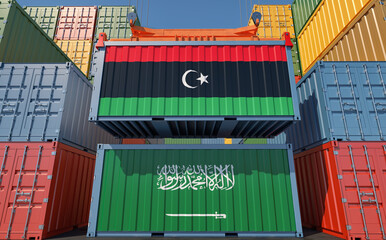 Cargo containers with Saudi Arabia and Libya national flags. 3D Rendering