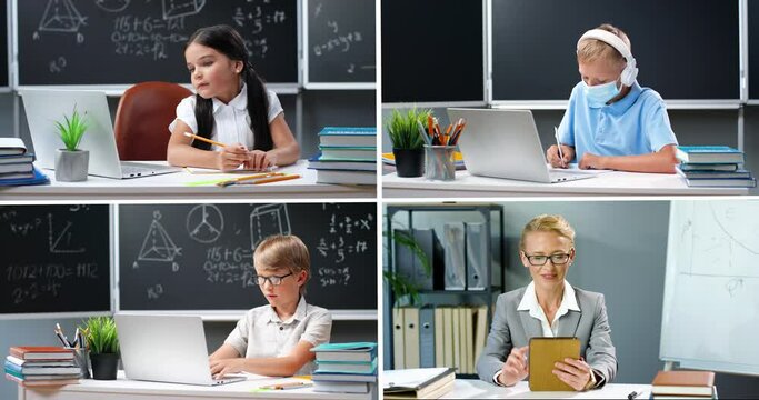 Caucasian little children in school classroom studying using laptops. Beautiful female teacher sitting at table with tablet video chatting online. Students have an online lesson Сomputer science class