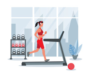 Woman on treadmill. Cardio workout and fitness, character jogging, exercising in gym. Preparing sprinter or marathon runner for competition. Active lifestyle. Cartoon flat vector illustration