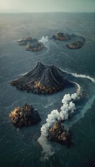 Aerial view of small eruption atoll islands archipelago in the ocean. 3D illustration.