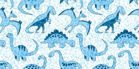Seamless hand drawn pastel baby blue dinosaur pattern with polka dot leopard spots background. Kids watercolor and crayon art cartoon dino silhouettes. Boys baby shower or nursery wallpaper backdrop. © Unleashed Design