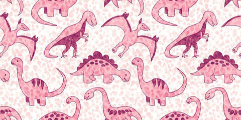 Seamless hand drawn pastel baby pink dinosaur pattern with polka dot leopard spots background. Kids watercolor and crayon art cartoon dino silhouettes. Girls baby shower or nursery wallpaper backdrop. © Unleashed Design