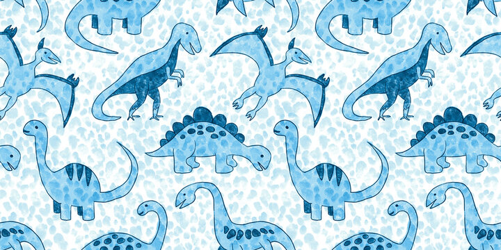 Seamless hand drawn pastel baby blue dinosaur pattern with polka dot leopard spots background. Kids watercolor and crayon art cartoon dino silhouettes. Boys baby shower or nursery wallpaper backdrop.