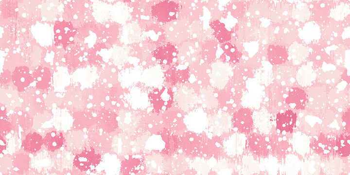 Seamless playful pastel baby pink paint splatter polka dots pattern. Abstract crayon, acrylic and watercolor geometric circles brush strokes and splashes background texture. Girly nursery wallpaper