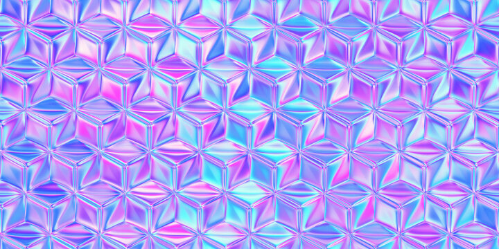 Seamless 80s holographic pink and blue plastic jelly plexiglass isometric square geometric cubes background texture. Iridescent abstract neon webpunk vaporwave aesthetic surreal pattern 3D rendering