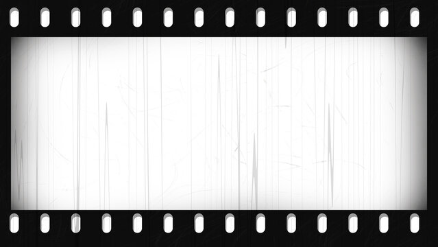 Vintage grungy film frame isolated on white background texture overlay template. Retro analog scratched and smudged old negative strip with vignette border effect in 8k 16:9 ratio. 3D rendering