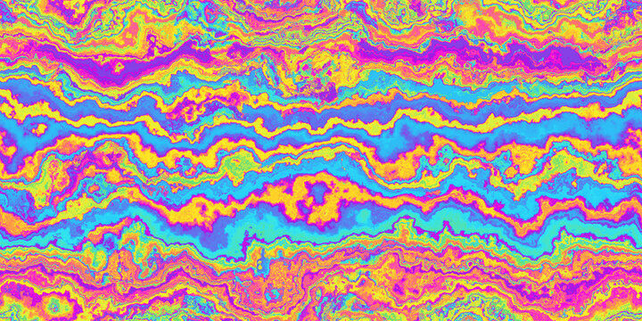 Seamless psychedelic rainbow agate gem stone slice or marble pattern background texture. Trippy hippy abstract dopamine dressing style fashion motif. Bright colorful neon retro wallpaper backdrop..