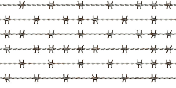 Seamless rusted barbed wire texture isolated on white background. Tileable rough grungy silver grey steel barbwire prison fence enclosure repeat pattern. High resolution 3D rendering