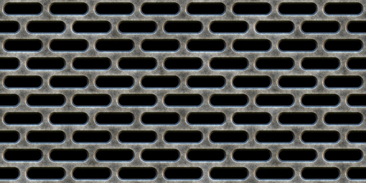 Seamless perforated metal catwalk texture isolated on black background. Tileable rough grungy silver grey industrial steel pill shaped floor grate, grille or mesh repeat pattern. 3D rendering