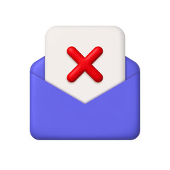 New message 3d icon. Purple open mail envelope and sheet of paper with cross mark. 3d realistic vector design element.