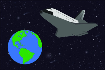 Flying space shuttle close to the Earth planet of solar system. Vector illustration. Elements of this image were furnished by NASA.