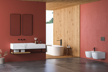Modern bathroom interior with red and wooden walls, marble basin with double mirror, bathtub and grey concrete floor. Minimalist red bathroom with modern furniture. 3D rendering
