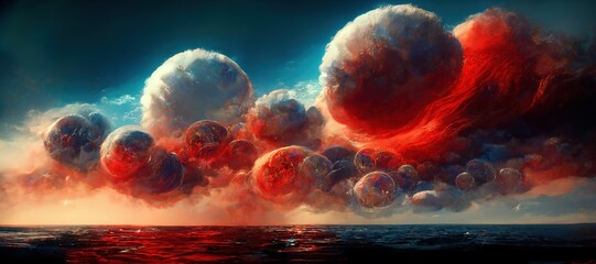 Surreal sunset with giant imaginary bubble cumulus clouds, dreamy pleasing cloudscape vista with golden hour orange and sky blue colors. - obrazy, fototapety, plakaty