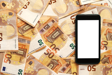 Fototapeta na wymiar smartphone with blank display mockup screen on 50 euro banknotes. Money paper. Concept of business, investment and income growth. Modern technology, communication and online trade using gadget concept