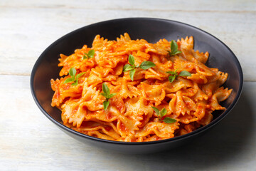 Farfalle pasta with tomato sauce, bow tie pasta tomatoes sauce (Turkish name; domatesli kelebek...