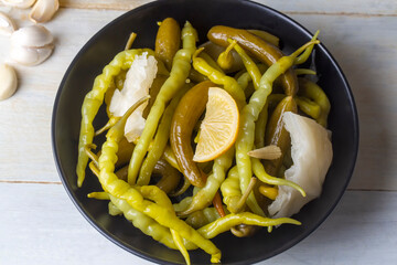 Assorted pickled vegetables in bowl - plate, Turkish name; tursu.