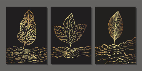 Set of luxury gold wall art. Golden leaves, maple with veins. Abstract minimalist art with linear plants and marble effect texture on black background