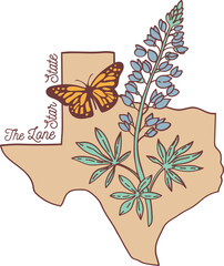 Texas vector map with bluebonnet and monarch butterfly