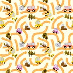 Cartoon kids seamless cars road pattern for child clothes print and wrapping paper and fabrics and accessories