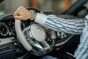 Close up view of male hand holding steering wheel of a luxury car.