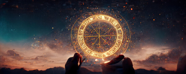 Backdrop of sacred zodiac symbols, astrology, alchemy, magic, sorcery and fortune telling. AI-generated digital painting. - obrazy, fototapety, plakaty