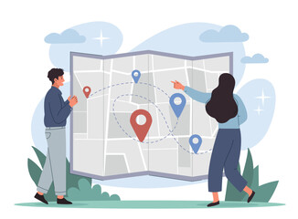 Man and woman with map. Logistics and international trade, characters build route for delivery of goods. Online shopping, navigation and geolocation, address. Cartoon flat vector illustration