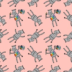 Cartoon kids animals seamless zebra pattern for wrapping and notebooks and clothes print and fabrics