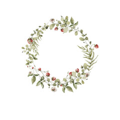 Naklejka premium Watercolor floral wreath. Hand painted frame of greenery, wildflowers, herbs, strawberry, berries. Green leaves, field flowers isolated on white background. Botanical border for design, print