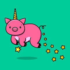 Image of a flying unicorn pig with a magic wand and stars. Vector illustration.